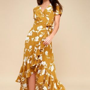 Lulus Dark Yellow Floral High-Low Dress Medium